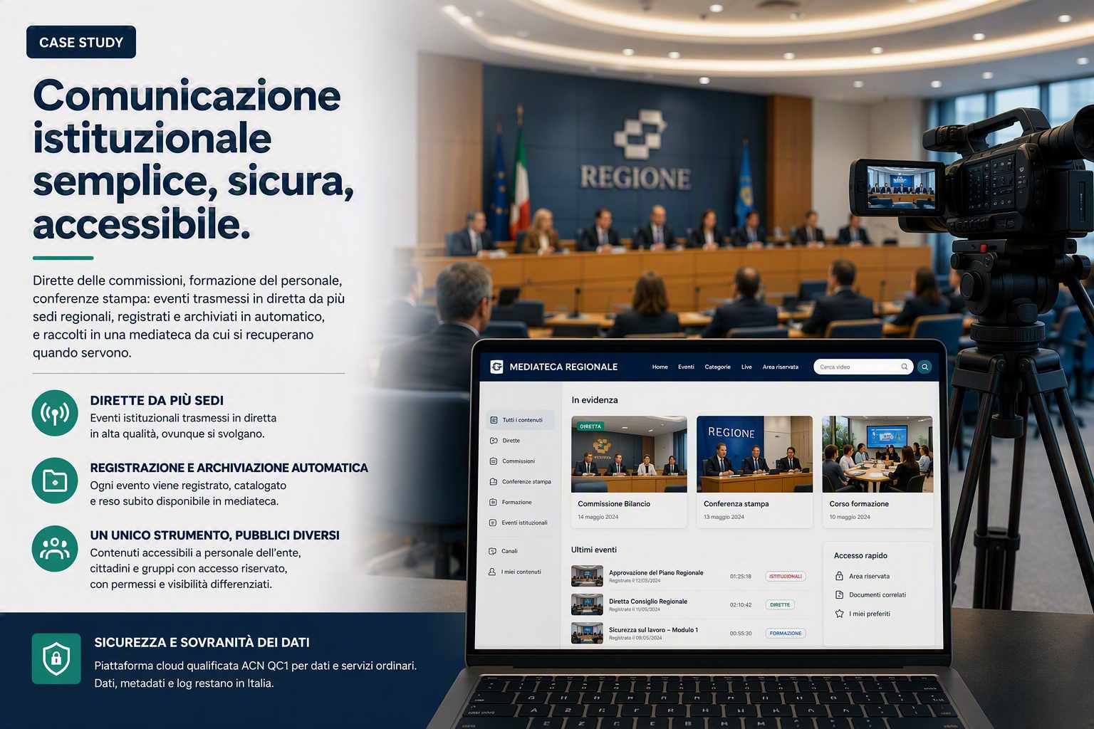 Case study: comunicazione istituzionale semplice, sicura, accessibile. Dirette da più sedi, registrazione e archiviazione automatica, un unico strumento per pubblici diversi. Piattaforma cloud qualificata ACN QC1, dati e log in Italia.