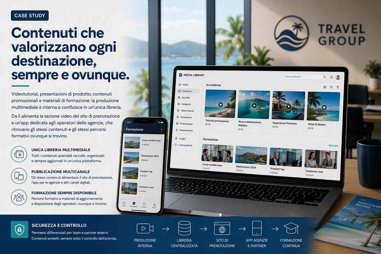 Case study: contenuti che valorizzano ogni destinazione, sempre e ovunque. Unica libreria multimediale, pubblicazione multicanale, formazione sempre disponibile. Dalla produzione interna alla libreria centralizzata, al sito di prenotazione, all'app per agenzie e partner, fino alla formazione continua.